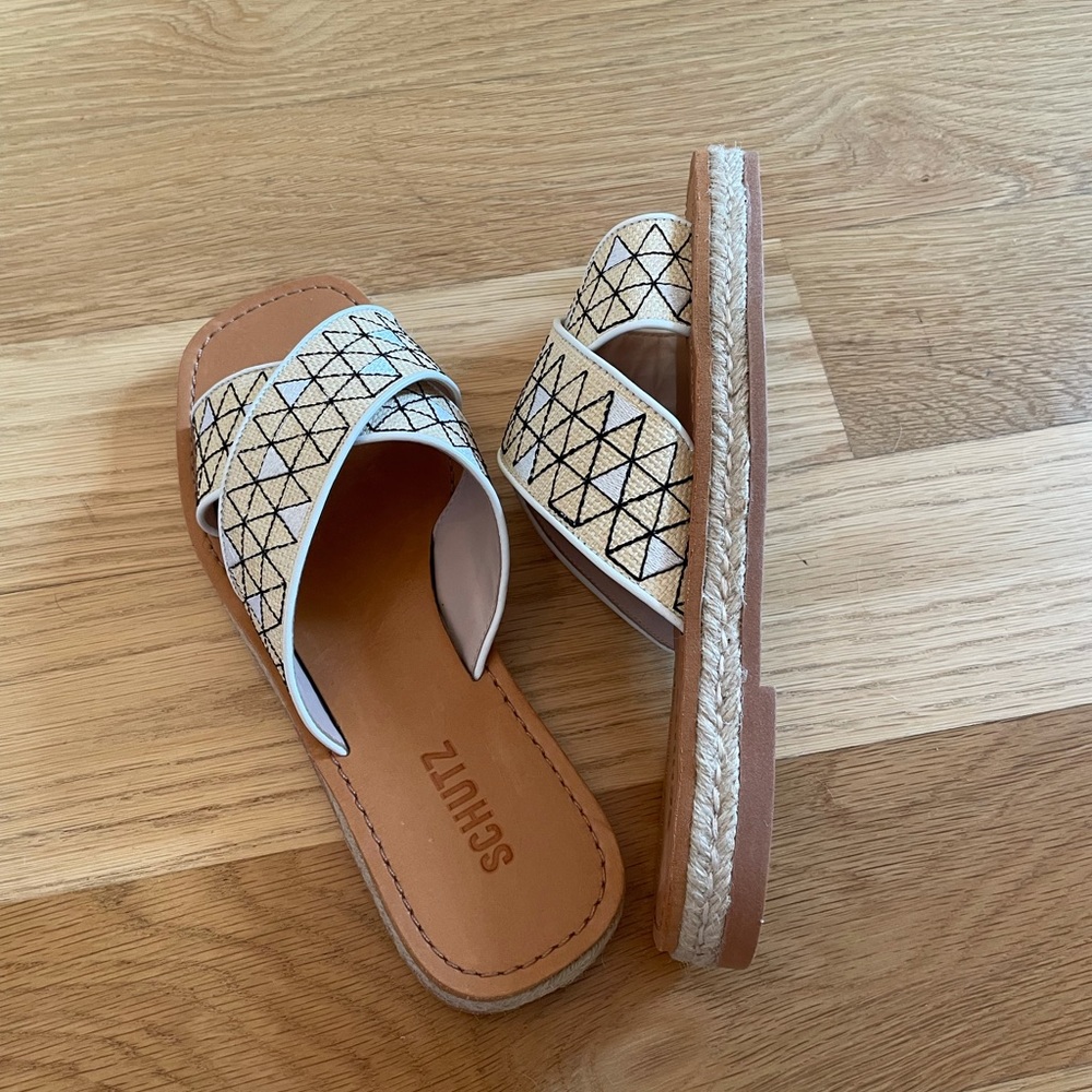 Schutz slide sandals. 7.5B. Like new, no tags. Flats with espadrille-style heel